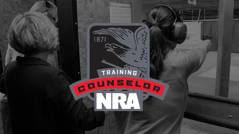NRA Training Counselor Logo on a Dark Background of Women Shooting at a Gun Range