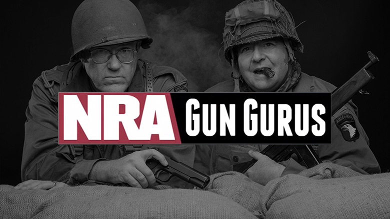 NRA Gun Gurus Logo with Jim Supica and Phil Schreier in the Background