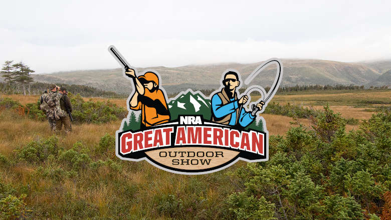 NRA Great American Outdoor Show logo on image of hunters in a field