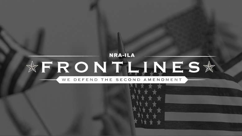 NRA-ILA Frontlines Logo on a Dark Background of People Waving American Flags