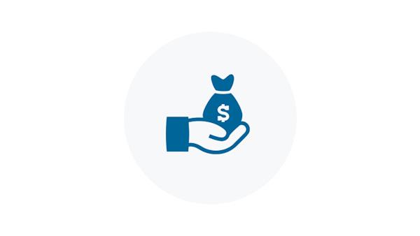 Blue Icon of a Hand with a Bag of Money