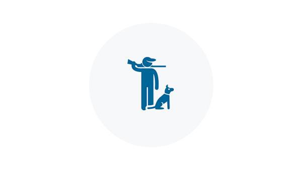 Blue icon of a hunter with his dog